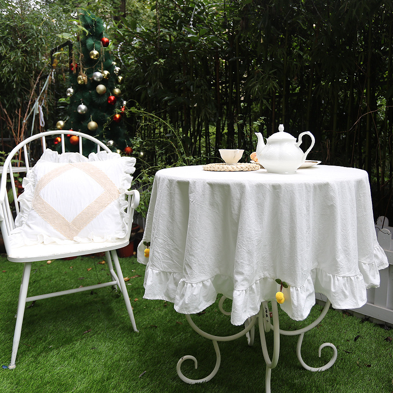 Conference Table Round - Farmhouse Rustic Ruffle Tablecloth Washable Natural
